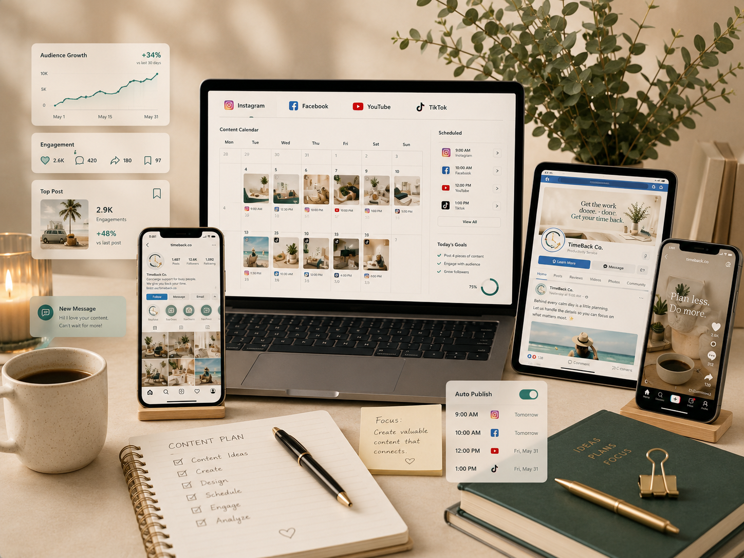 Social media management workspace showing Instagram, Facebook, YouTube, and TikTok planning, scheduled posts, engagement, and performance tracking