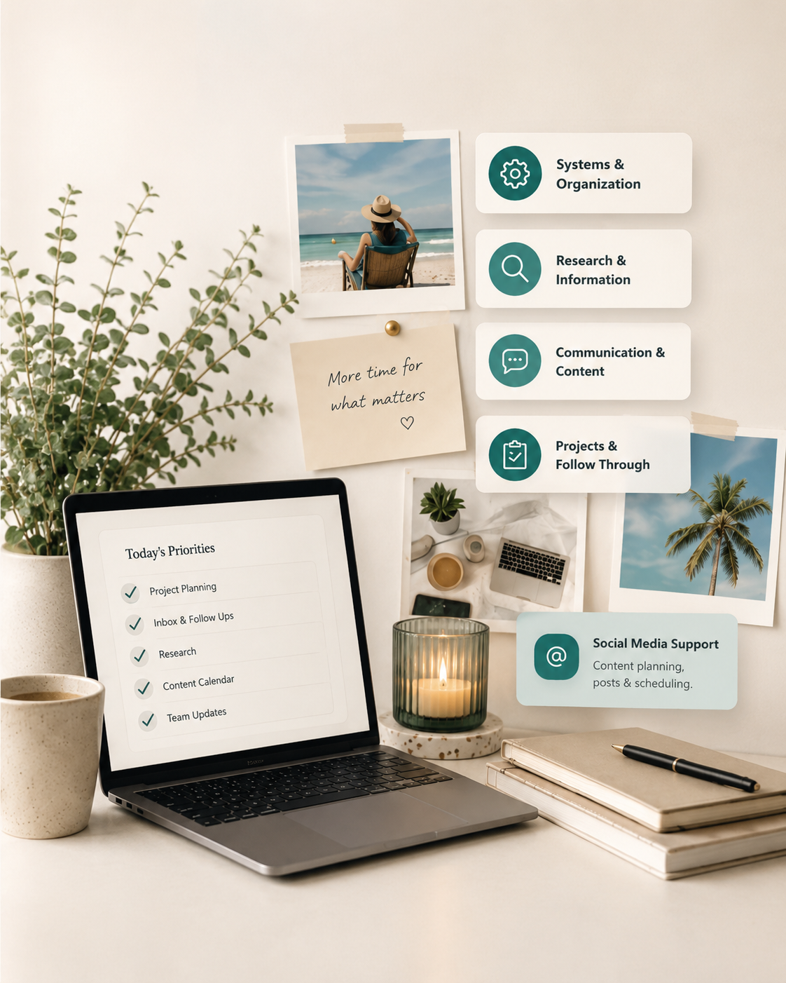 Organized workspace representing TimeBack support with planning, research, content, project follow-through, and a subtle social media support element